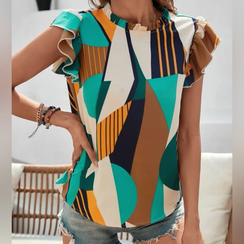 SHEIN  Mock Neck Frill Trim Ruffle Blouse - Picture 2 of 3